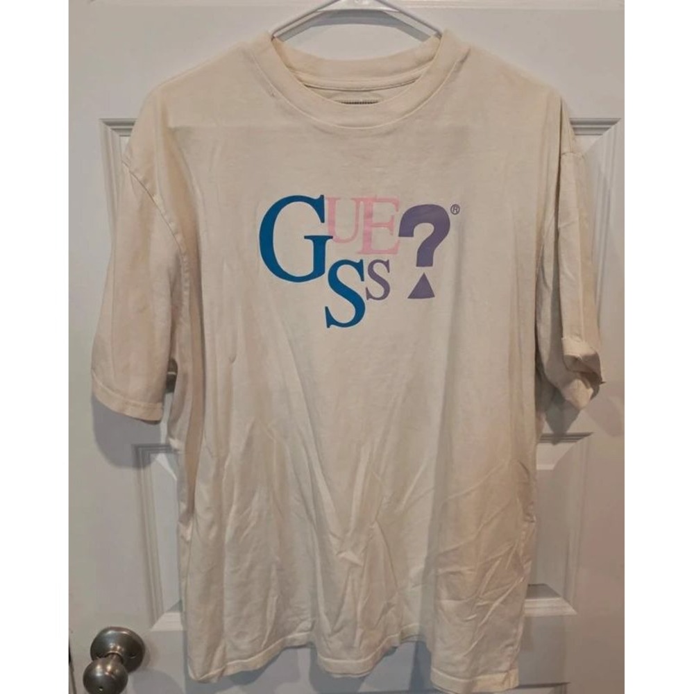 Guess Originals T-Shirt Mens Large Cream Cotton Vintage Y2K Pastel Logo Flawed